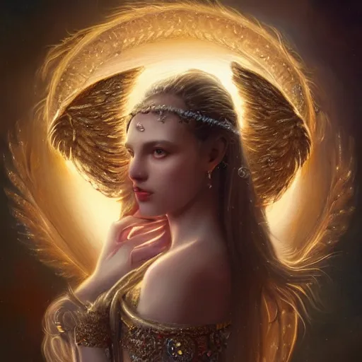 Image similar to A beautiful digital painting of a female angel full of jewels, princess, the moon behind her, intricate, cinematic lighting, highly detailed, digital painting, Artstation, concept art, smooth, sharp focus, illustration, art by Tom Bagshaw, Artgerm and Greg Rutkowski