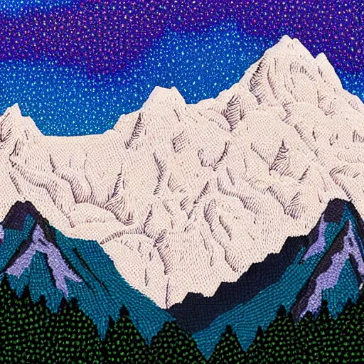 Prompt: A beautiful Mountain Range in the Style of Pointilism, masterpiece, oil painting scan 4k