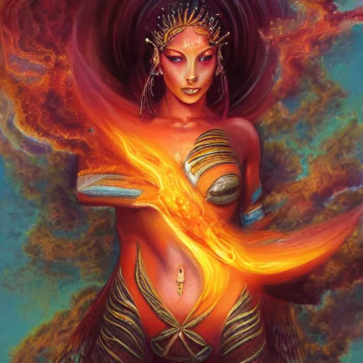 Image similar to A beautiful painting of a female cosmic being with flames as her body by Jim Burns, 8K, ultra-detailed , Trending on artstation.