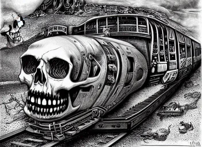 Prompt: the Laughing Skull train by H.R. Giger