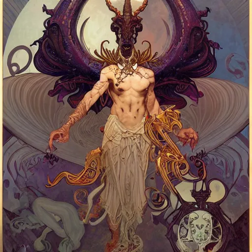 Image similar to beautiful baphomet king, left hand up, right hand down, ad above so below, with wings and tentacles worshiping, artstation by alphonso mucha and jean giraud and craig mullins and ian mccaig and feng zhu and peter mohrbacher