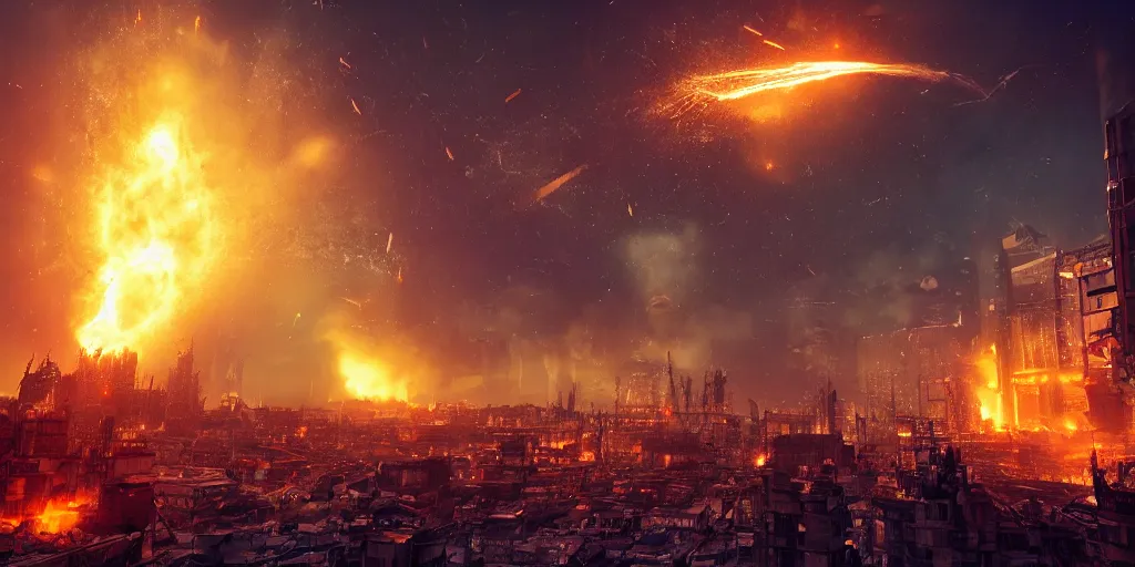 Prompt: a meteor crashing on a gothic cyberpunk city, giant explosion, fire, trail of smoke, high quality, detailed, 8k, science fiction