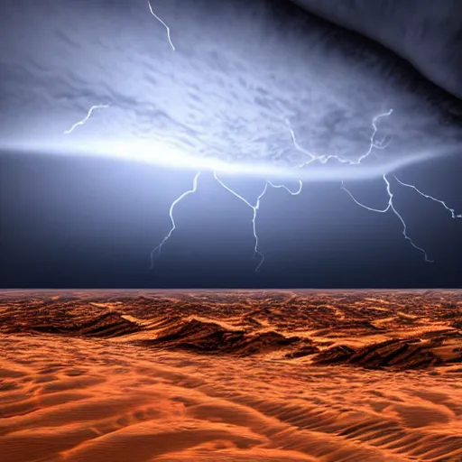 Prompt: supercells above a desert beside a sea, photorealistic, ultra-detailed, 4k high resolution, HDR shot