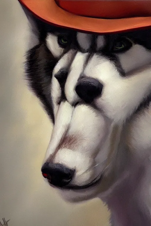 Image similar to a portrait painting of a husky in cowboy costume, wearing a cowboy hat, in the style of anime, trending on artstation