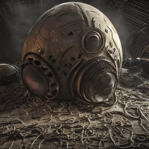 Prompt: a nest of alien eggs aboard an abandoned spaceship, extremely detailed, volumetric lighting, gothic, steampunk, horror, inspired by hr giger, octane render, high resolution.