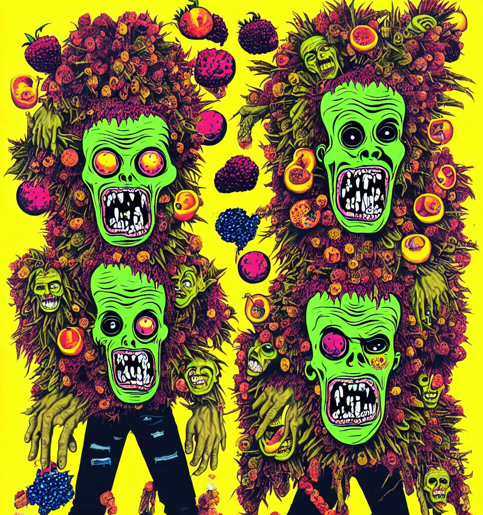 Prompt: portrait of a zombie punk rock band, t - shirt, ripped jeans, head made of fruit gems and flowers in the style of arcimboldo, basil wolverton, philip taaffe, cartoonish graphic style, street art, silkscreen pop art, punk graphics, photocopy