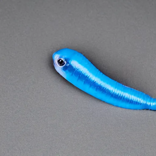 Image similar to studio photograph of a matte dark gray worm with a neon blue head and tail