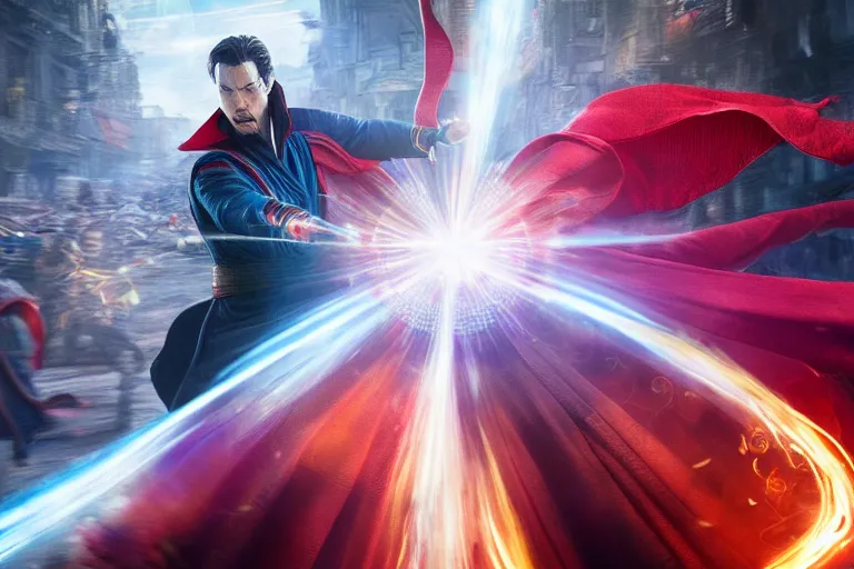 Image similar to Action sequence still of Doctor Strange in the foreground and Scarlet Witch in the background, fighting using magic on a battlefield, Trending on artstation, photorealistic image, photorealistic imagery, 4k, 8k, movie still, action still