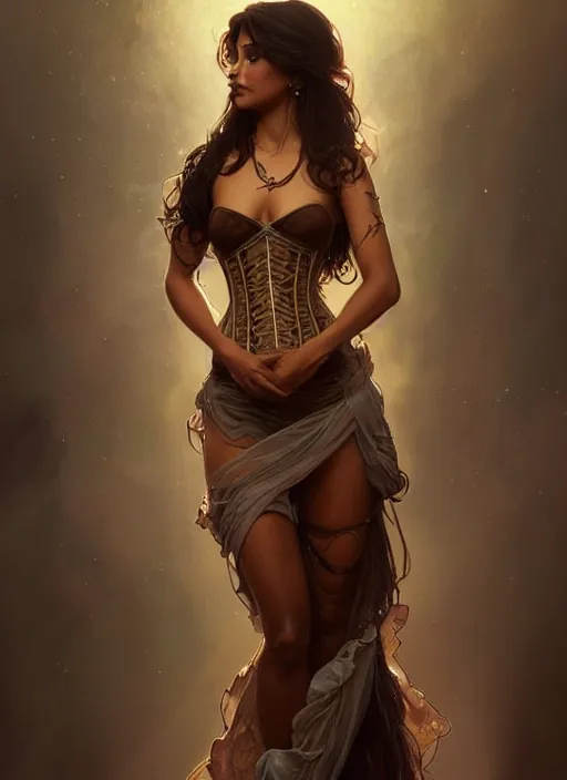 Image similar to cute brown woman wearing a transparent corset dress, fantasy, intricate, highly detailed, digital painting, artstation, concept art, wallpaper, smooth, sharp focus, illustration, art by artgerm and greg rutkowski and alphonse mucha