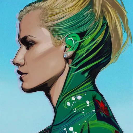 Prompt: a portrait of a young blonde woman with side profile green in ocean intricate details by MARVEL comics and Sandra Chevrier