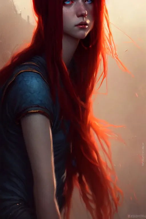 Image similar to a young tall, slender girl, with fiery red hair and bright blue eyes, hyperrealistic face, beautiful eyes, fantasy art, in the style of greg rutkowski, intricate, hyperdetalized, smooth