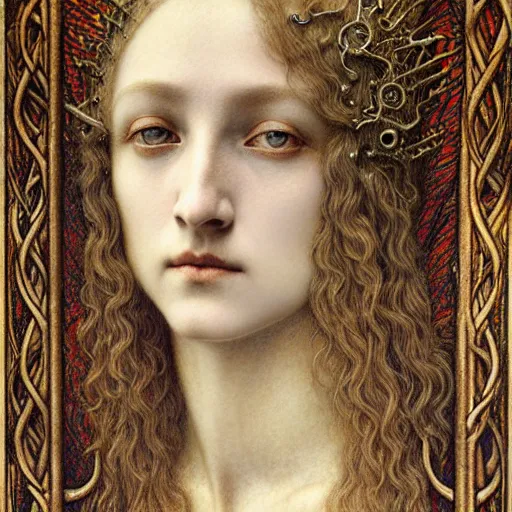 Prompt: detailed realistic beautiful young medieval queen face portrait by jean delville, gustave dore, iris van herpen and marco mazzoni, art nouveau, symbolist, visionary, gothic, pre - raphaelite