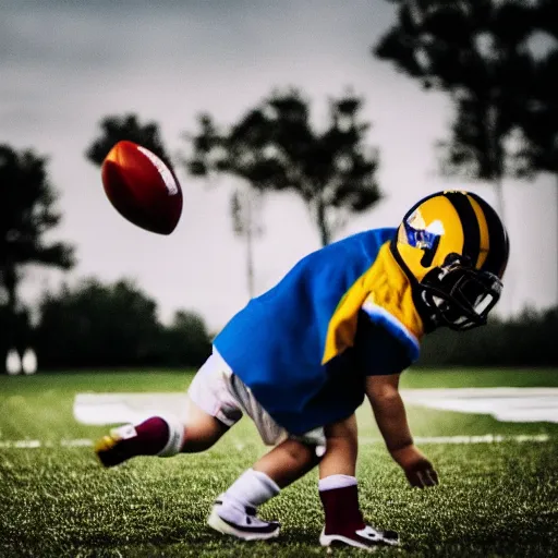 Prompt: Justin Sun kicking a baby field goal, professional football photography