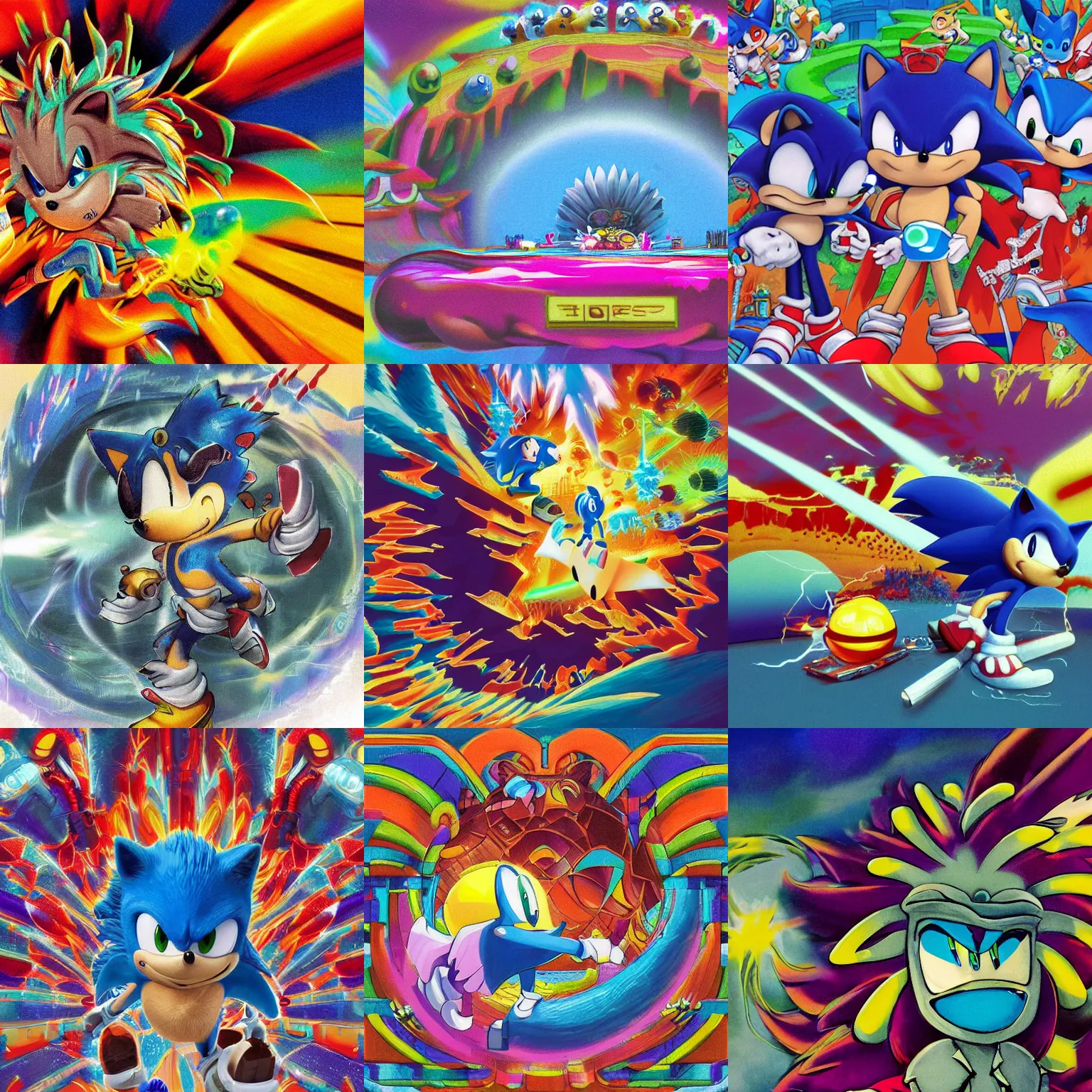 Prompt: close up sonic the hedgehog in a surreal, soft, minimalist, professional, high quality airbrush art mgmt shpongle album cover of a chrome dissolving LSD DMT blue sonic the hedgehog surfing through vaporwave caves, checkerboard horizon , 1980s 1982 Sega Genesis video game album cover