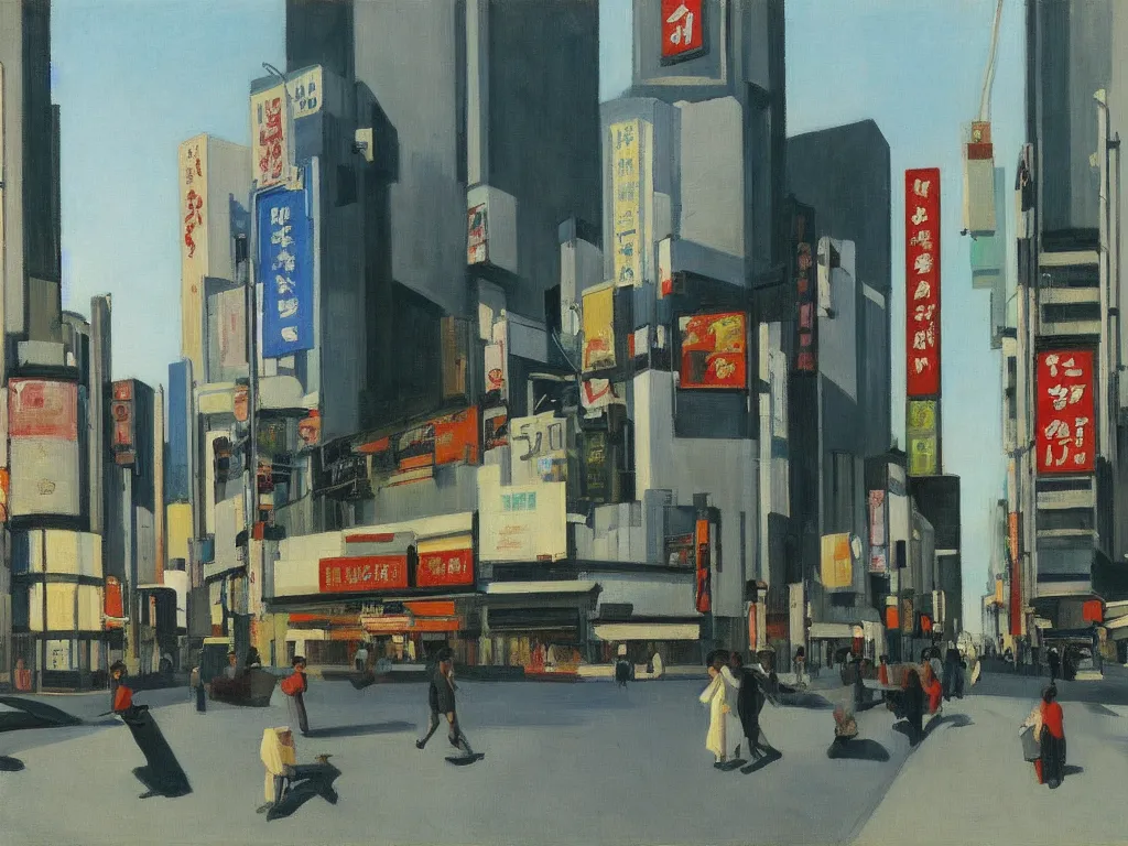 Prompt: an edward hopper style painting of shinjuku crossing, tokyo, summer