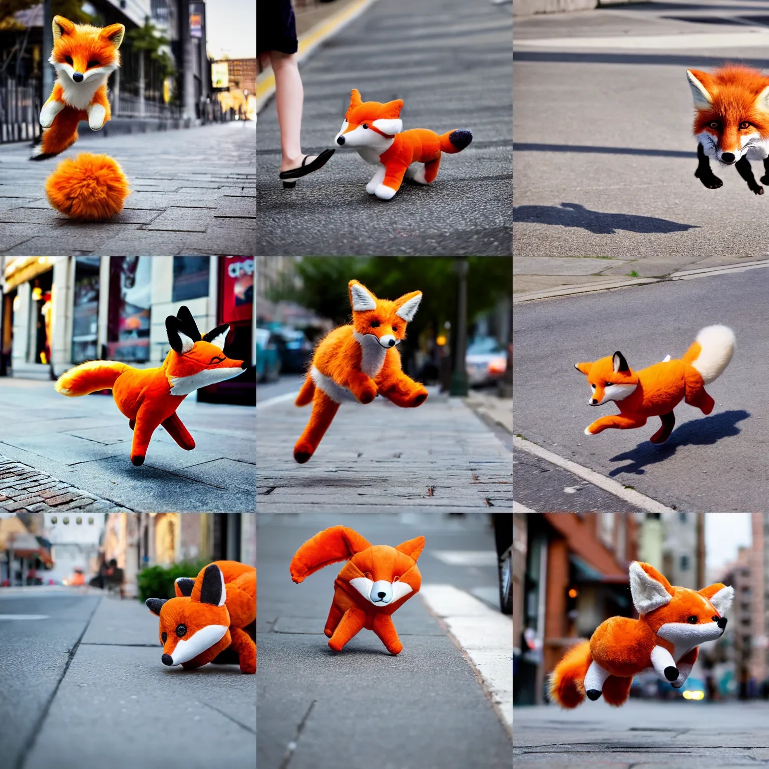 Prompt: An airborne pouncing stuffed animal toy fox plushie pouncing on the sidewalk, dynamic, motion blur, award winning photography