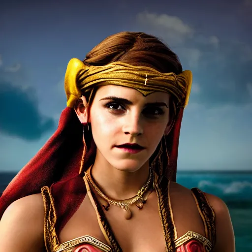 Image similar to Emma Watson modeling as Urbosa from Zelda, (EOS 5DS R, ISO100, f/8, 1/125, 84mm, postprocessed, crisp face, facial features)