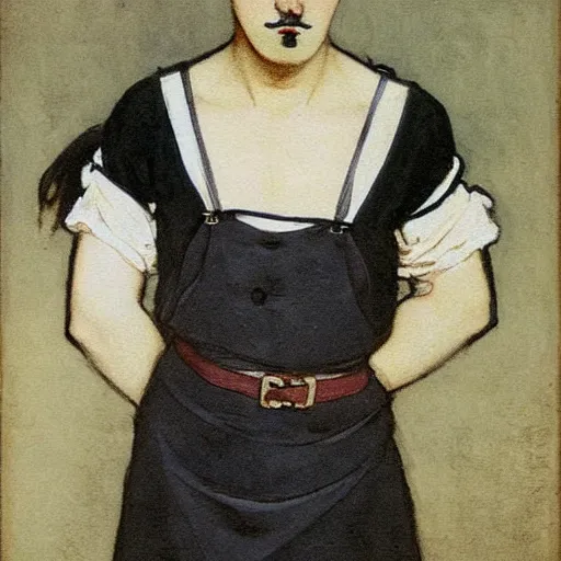 Image similar to full body painting of grumpy handsome thin beautiful man with thick eyebrows in his 2 0 s named min - jun in a french maid outfit, modern clothing, elegant, clear, painting, stylized, delicate facial features, stylized thin lines, soft but grumpy, highly detailed, art, art by egon alphonse yamamoto