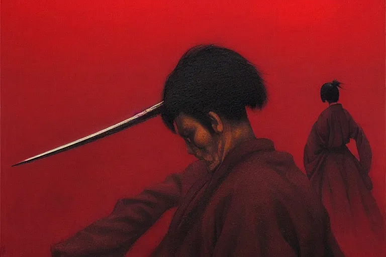 Image similar to only with red, a red samurai harakiri, tokio, a lot of frogs watch, in the style of beksinski, parts by edward hopper, parts by rodcenko, parts by yue minjun, intricate and epic composition, red by caravaggio, insanely quality, highly detailed, masterpiece, red light, artstation, 4 k