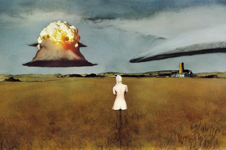 Image similar to painting Christina's World by Andrew Wyeth and nuclear explosion in the background,