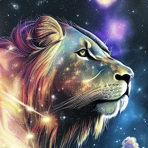 Image similar to geometric lion with galaxy eyes in space, nebula in the background, intricate, elegant, highly detailed, digital painting, artstation, concept art, smooth, sharp focus, illustration, art by artgerm