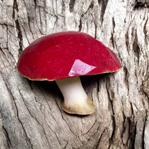 Image similar to a cut ruby gemstone mushroom, shiny, in the forest, high detail