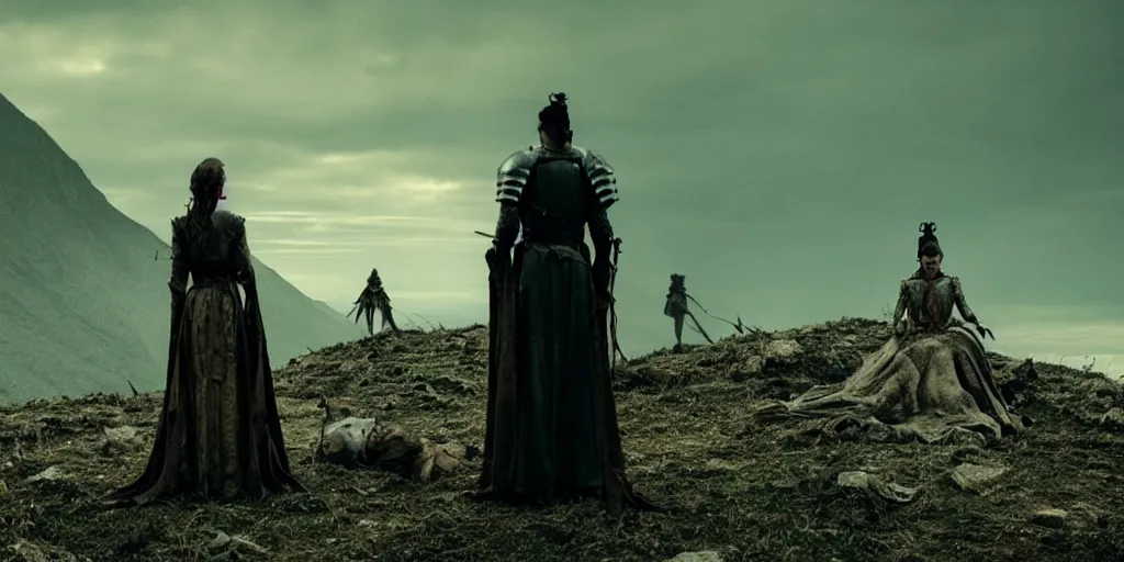 Image similar to film still of woman on a throne and knight standing below on a knee, on a mountain of dead knights by emmanuel lubezki