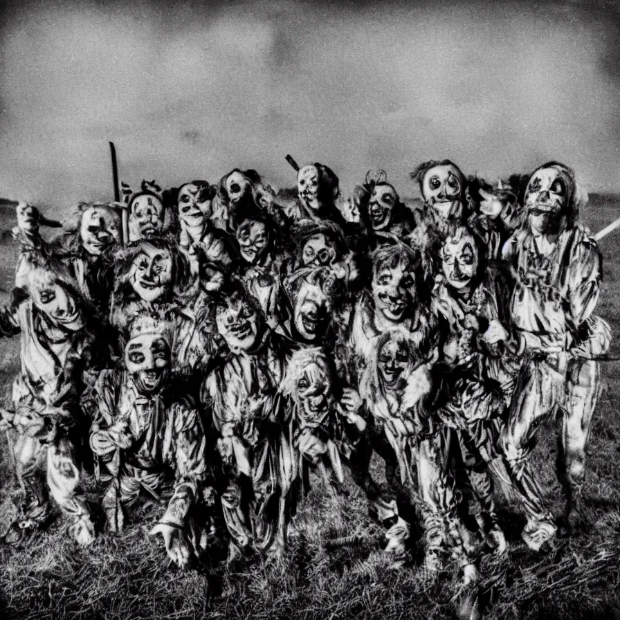 Prompt: distorted 1 3 mm film photograph of a group of clowns in a field holding machetes at night, liminal, dark, thunderstorm, dark, flash on, blurry, grainy, ominous lighting