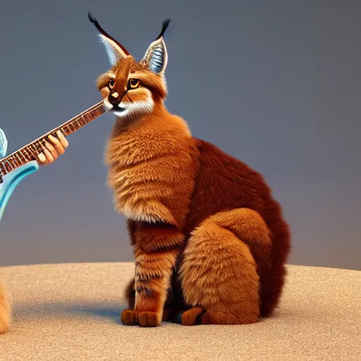 Image similar to cute fluffy caracal playing fluffy guitar, fully detailed, high quality , 4k , octane render , soft light , masterpiece