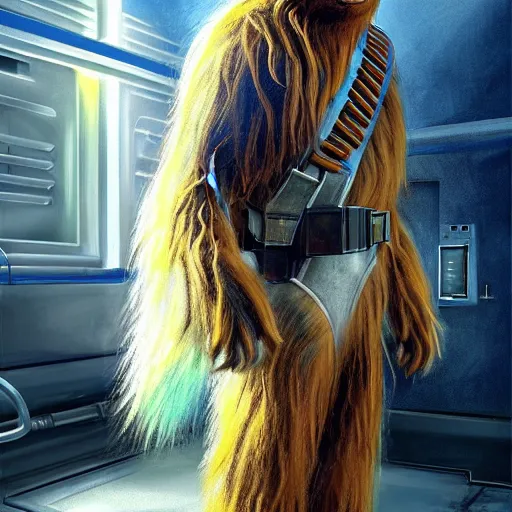 Image similar to chewbacca in a medical gown in an underground laboratory, vivid color, highly detailed, digital painting, artstation, concept art, matte, sharp focus, impressionnisme, art by edward robert hughes