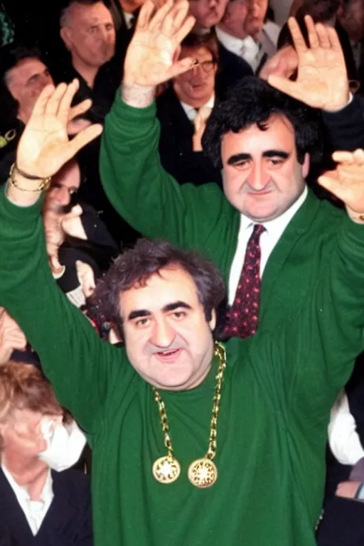 Image similar to gordon brown mixed with john belushi, dark black hair, wearing a green umbro tracksuit and gold necklace star shaped medallion, hands raised in the air,