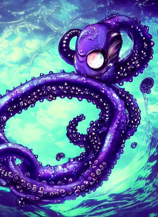 Image similar to A full shot of a Kawaii sea creature from the Abyss made of opals and oil wearing a black dress made of serpents and crystal. Fully Clothed. Under Water. Shallow Depth of Field. Tilt Shift. Symmetrical. Deepsea photography. Dark foreboding Atmosphere. Sailor Moon. Tentacles. Kawaii. Caustic refraction. Demon Horns, Angel Wings, By Lisa Frank and Giger and Ruan Jia and Artgerm and Range Murata and WLOP. Key Art. Fantasy Illustration. award winning, Artstation, intricate details, realistic, Hyperdetailed, 8k resolution.