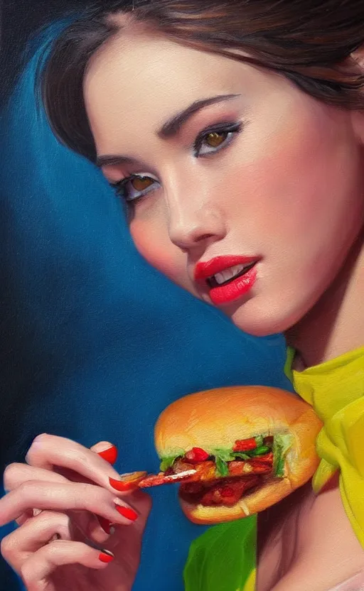 Prompt: amazing very detailed realistic oil painting of a beautiful woman enjoying a delicious mean. vibrant colors, very funny, personal, positive, visually pleasing and engaging. high resolution. high quality. hq hd. trending on artstation.