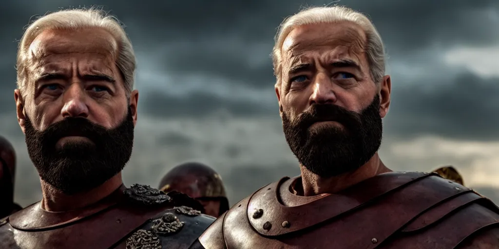 Prompt: epic cinematic film still of joe biden as leonidas in the movie 3 0 0, golden hour lighting, moody sky, 8 k