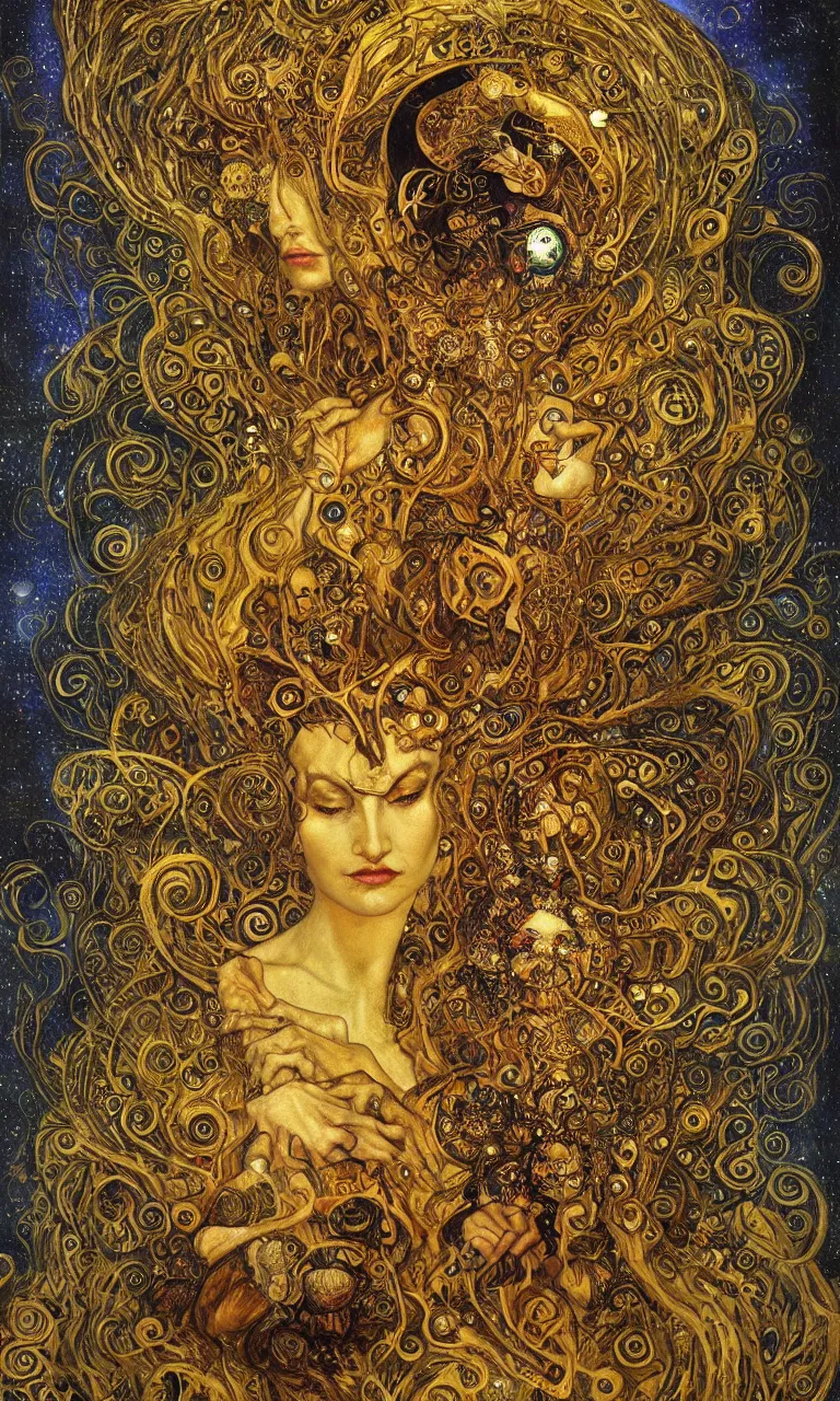 Image similar to Divine Chaos Engine by Karol Bak, Jean Deville, Gustav Klimt, and Vincent Van Gogh, beautiful visionary mystical portrait, sacred, otherworldly, fractal structures, Surreality, ornate gilded medieval icon, third eye, spirals, horizontal symmetry