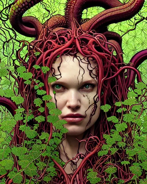 Image similar to closeup portrait the platonic ideal of flowers and roots of cletus kasady, venom, poison ivy, ultimate beautiful succubus medusa, cthulhu, intricate, hyperrealism, intense, dmt, artgerm, moebius, greg rutkowski, dan mumford, alphonse mucha