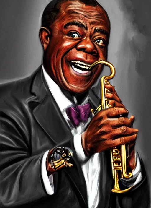 Prompt: a portrait of louis armstrong telling a joke, by julia condon, dramatic lighting, highly detailed digital painting