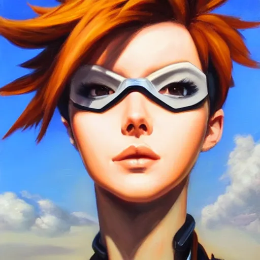 Prompt: oil painting of tracer overwatch in a field, in style of artgerm, expressive face, very detailed face, wearing large steel choker, very detailed eyes, full body, feminine face, detailed makeup on eyes,