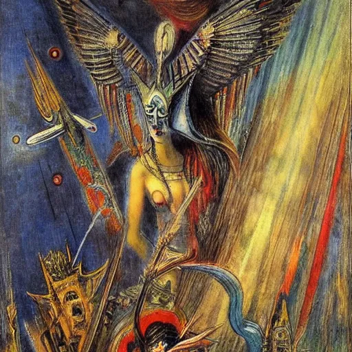 Prompt: by gustave moreau, by wifredo lam unnerving, comforting. a beautiful illustration of a space battle with wild, bright colors.