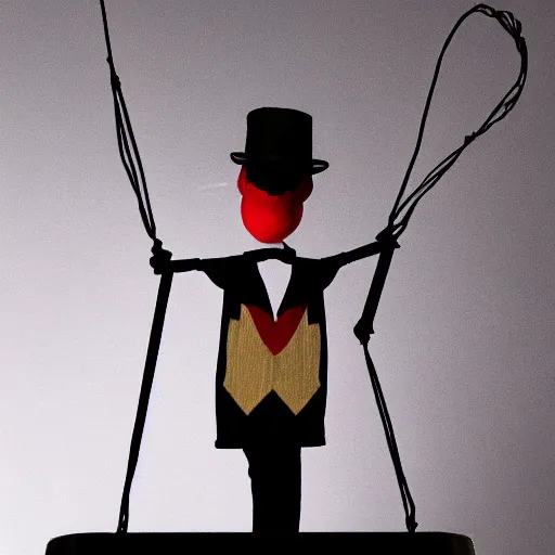 Image similar to siluette of a puppeteer using a string marionette of a president with clown makeup in a podium