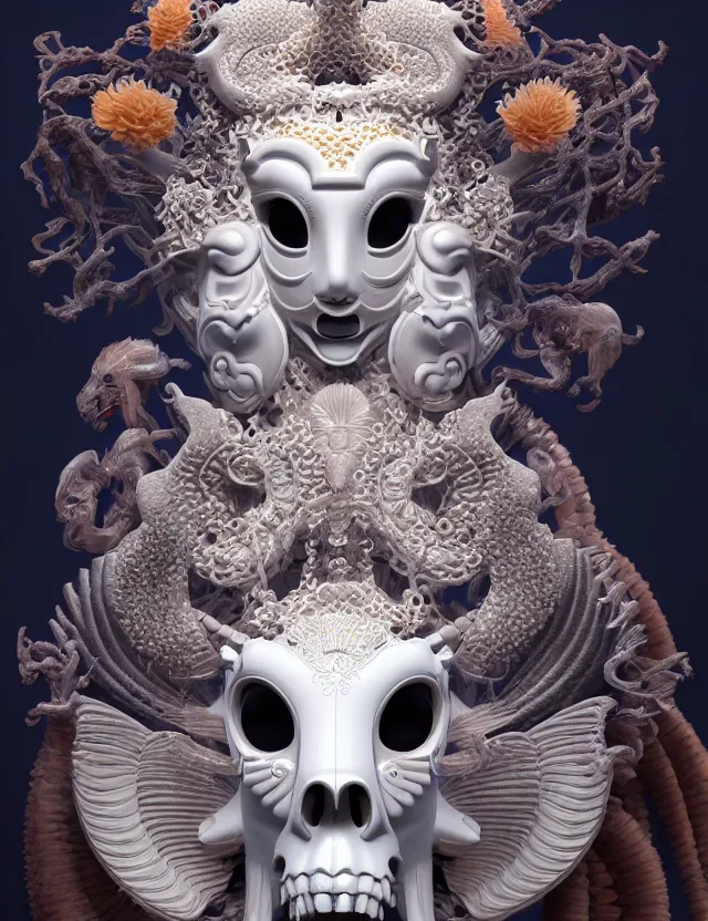 Image similar to 3 d goddess close - up 3 / 4 portrait with ram skull. beautiful intricately detailed japanese crow kitsune mask and clasical japanese kimono. betta fish, jellyfish phoenix, bio luminescent, plasma, ice, water, wind, creature, artwork by tooth wu and wlop and beeple and greg rutkowski