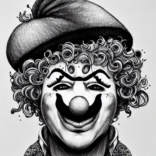 Image similar to black ink on paper, clown, trending on artstation, beautiful, intricate, detailed