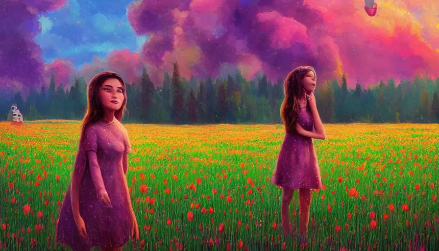 Image similar to girl with a giant flower face, surreal photography, dream, standing in flower field, hills, big trees, sunrise dramatic light, impressionist painting, colorful clouds, digital painting, pointillism, artstation, simon stalenhag, flower face