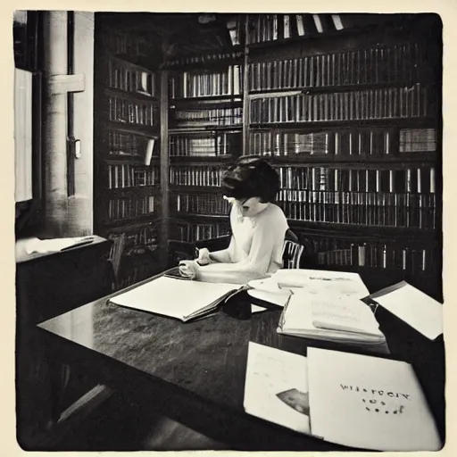 Image similar to 1920, a beautiful architecture, inside an elegant female writer room, Remington typewriter, many plants, piles of books, beautiful light, long shadows, 35 mm lens