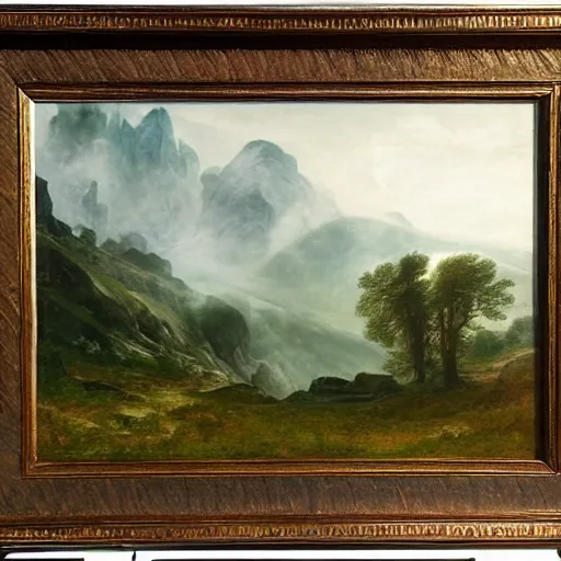 Prompt: a misty mountainous landscape, realistic oil on canvas, by caspar david friedrich, john constable, beautiful lighting, acclaimed award - winning art