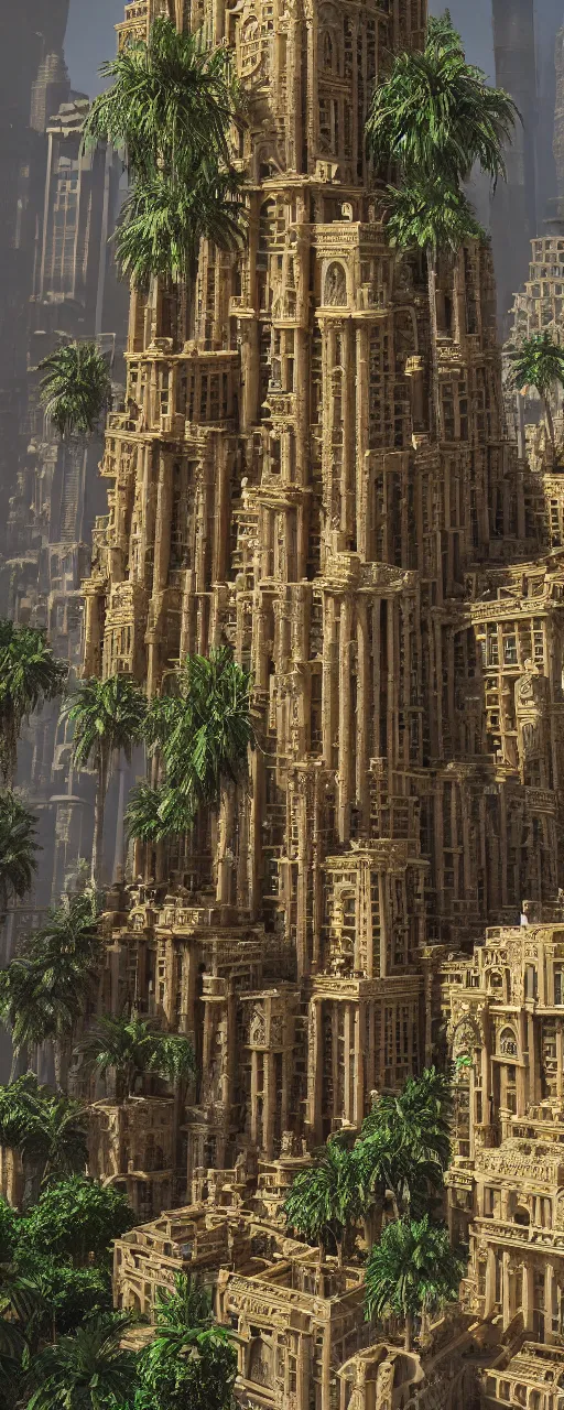 Image similar to photorealistic eye level babylon tower, golden intricate details, stone facade, sacred ancient architecture, hanging gardens, cascading highrise, arid mountains with lush palm forest, sunlight, post - production, octane, cgi, sfx