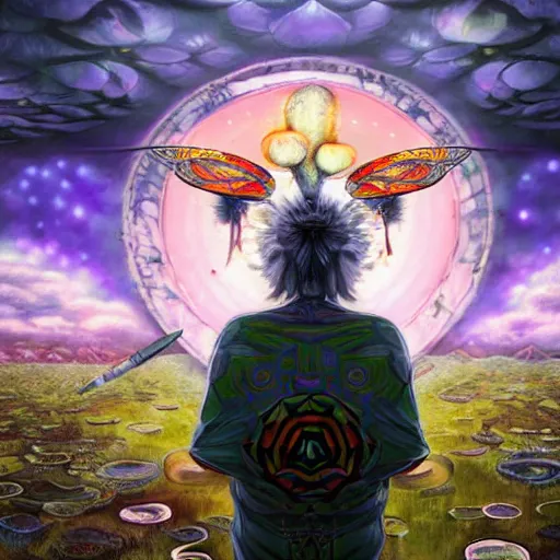 Image similar to 8K Portrait of centered chest up of a psychedelic godlike moth shaman with giant mandala wings smoking a hand-rolled cigarette smoking heavily , magic mushroom village in background , post-processing , award winning. superb resolution. in the art style of junji Ito and greg rutkowski . Detailed Mushroom city in background. Hyper realistic anime. Perfect art. Dalle2