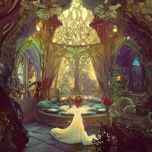 Image similar to a beautiful interior of a fairy castle, fully decorated, furnished with fairy furniture, fairy aesthetics, concept art, by greg rutkowski, alphonso mucha and elena dudina. high details, illustration, beautiful illumination