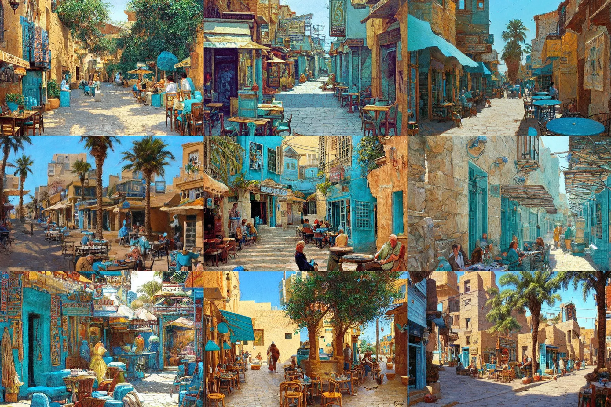 Prompt: street of teal stone, sunlight and whimsical houses, cafe tables, ancient egypt, painting by james gurney