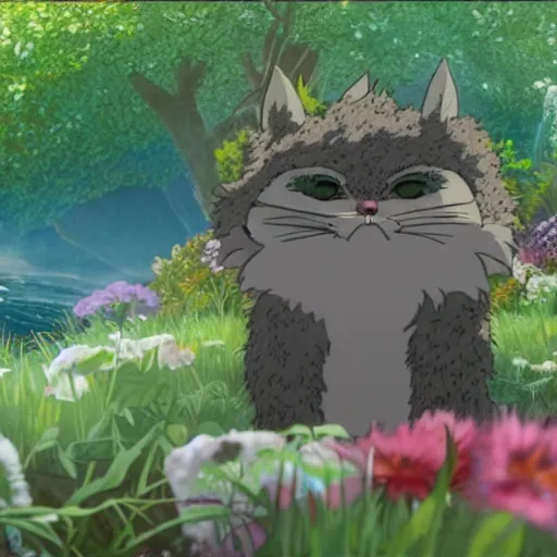 Prompt: furr creature in the flowers made by studio ghibli, beautiful scene, detailed, high quality